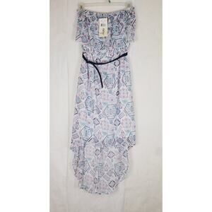 New Olsenboye white blue geometric off shoulder ruffled hi lo dress size XL Boho